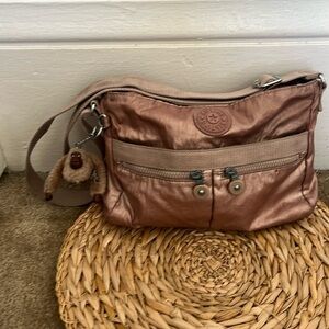 Kipling Angie Pink Satin Crossbody zippered tote satchel with gorilla purse